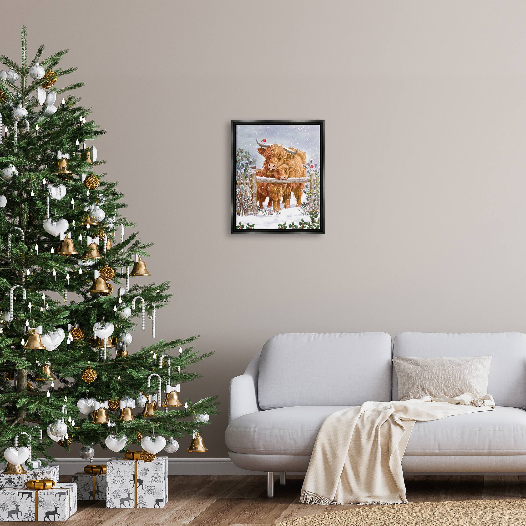 Stupell Industries Winter Cattle Cuddling Snow Scene Framed Floater Canvas Wall Art